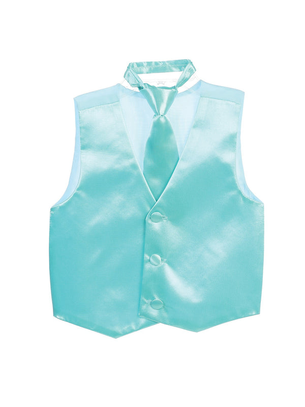 Tip Top Kids Little Boys Aqua Three Button Satin Vest Tie 2 Pc Set 2-6 - SophiasStyle.com